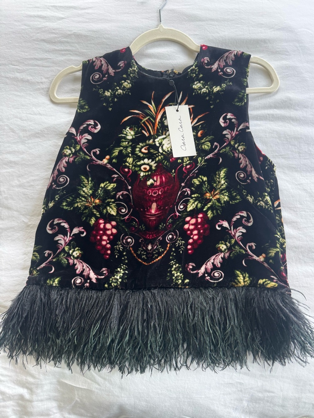 Cara Cara Black Velvet Floral Print Sleeveless Top with Feather Trim - Picture 3 of 3